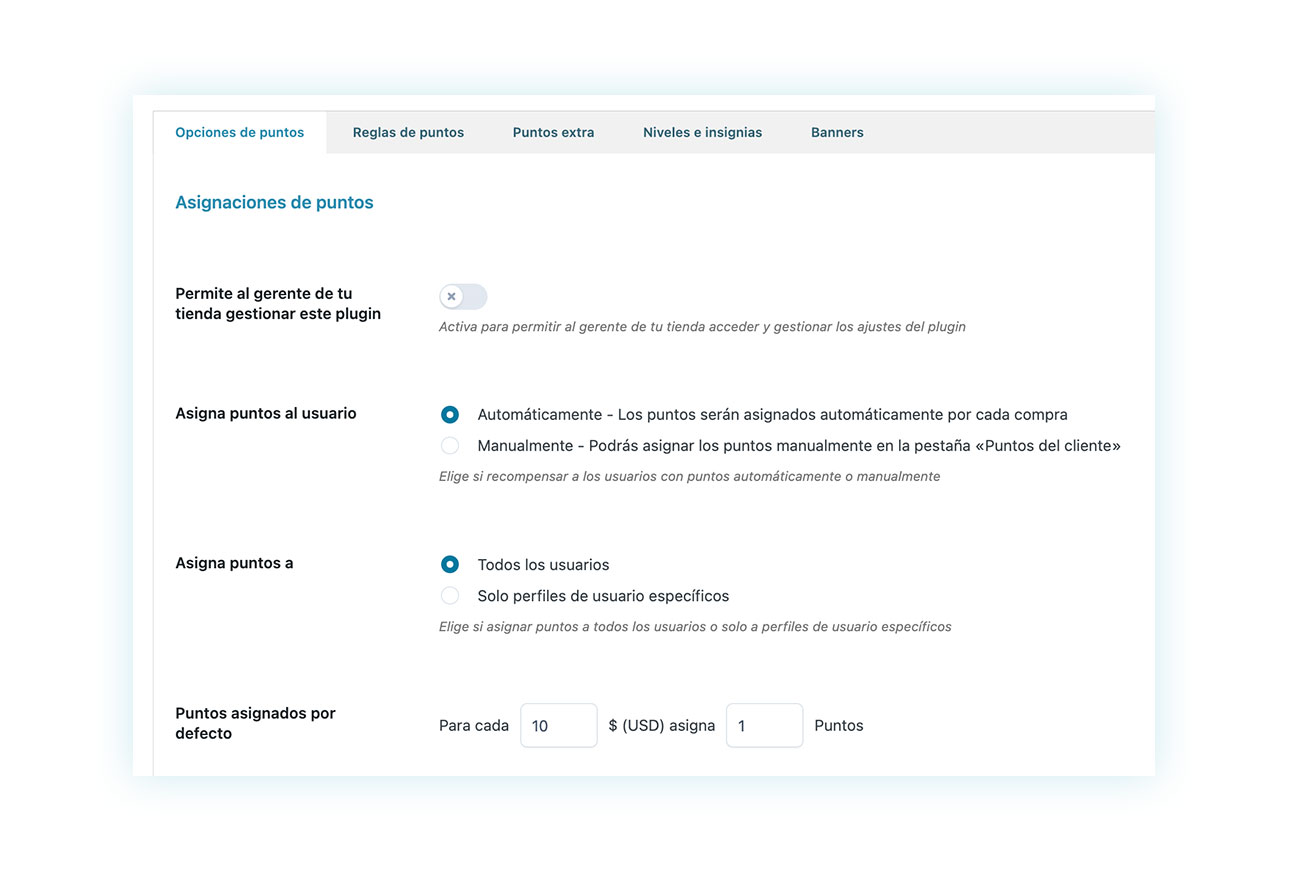 Pestañas de opciones de puntos