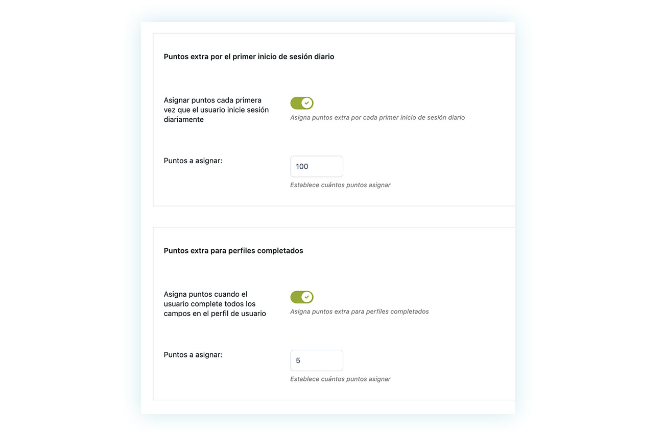 Puntos extra por inicio de sesión y perfil completado