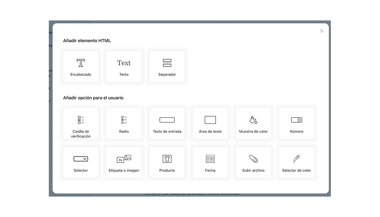 Product Addons Opciones campos adicionales