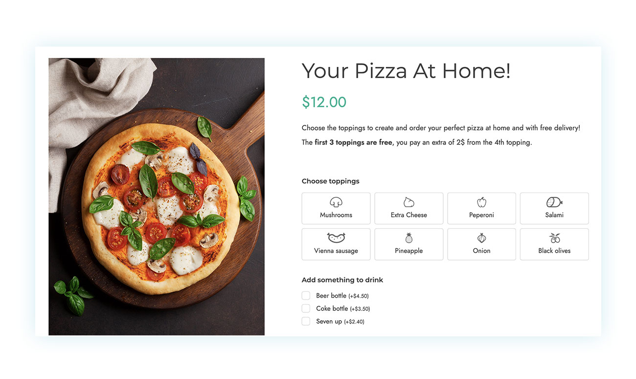 Product addons ejemplo pizzería