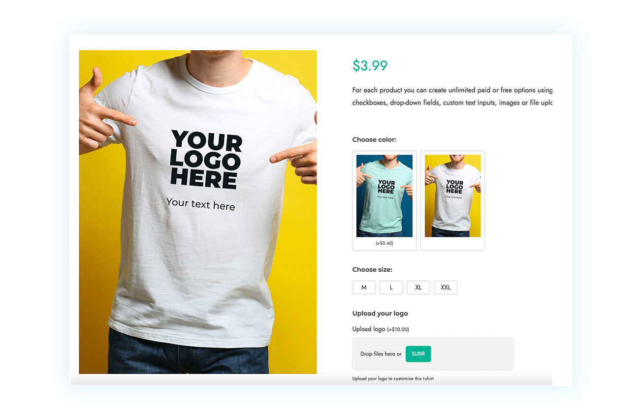 Product addons ejemplo camisetas personalizables