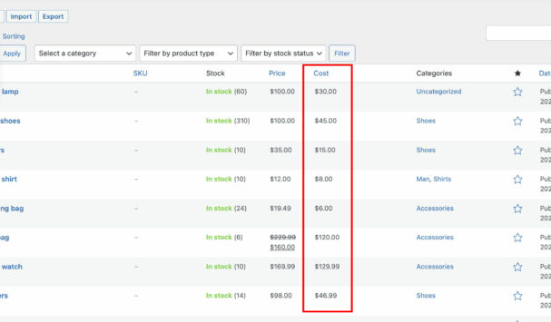 Bulk set product cost
