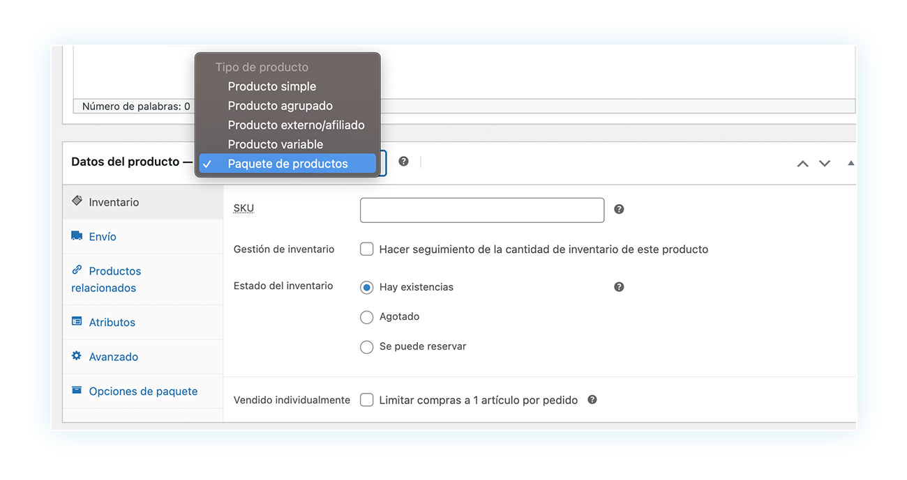 Paquete de productos en tipo de producto