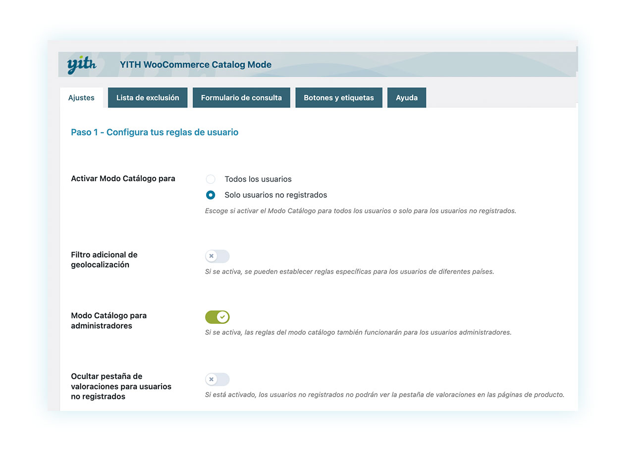 Configura ajustes de modo catálogo