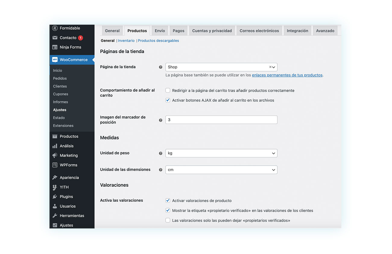 Ajustes de productos WooCommerce