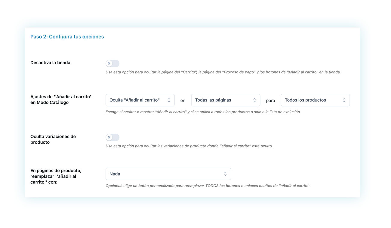 Configurar opciones de añadir al carrito en modo catálogo
