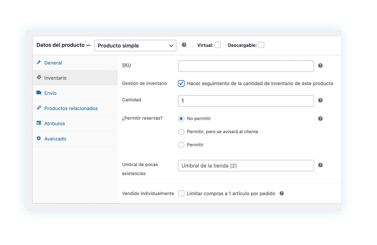 Datos de producto simple - hacer seguimiento del inventario