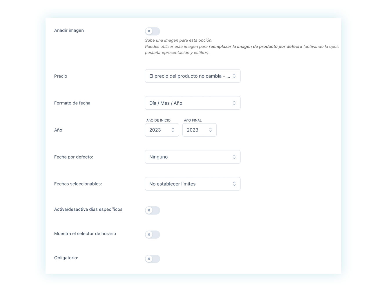 Opciones de configuración de selector de fecha