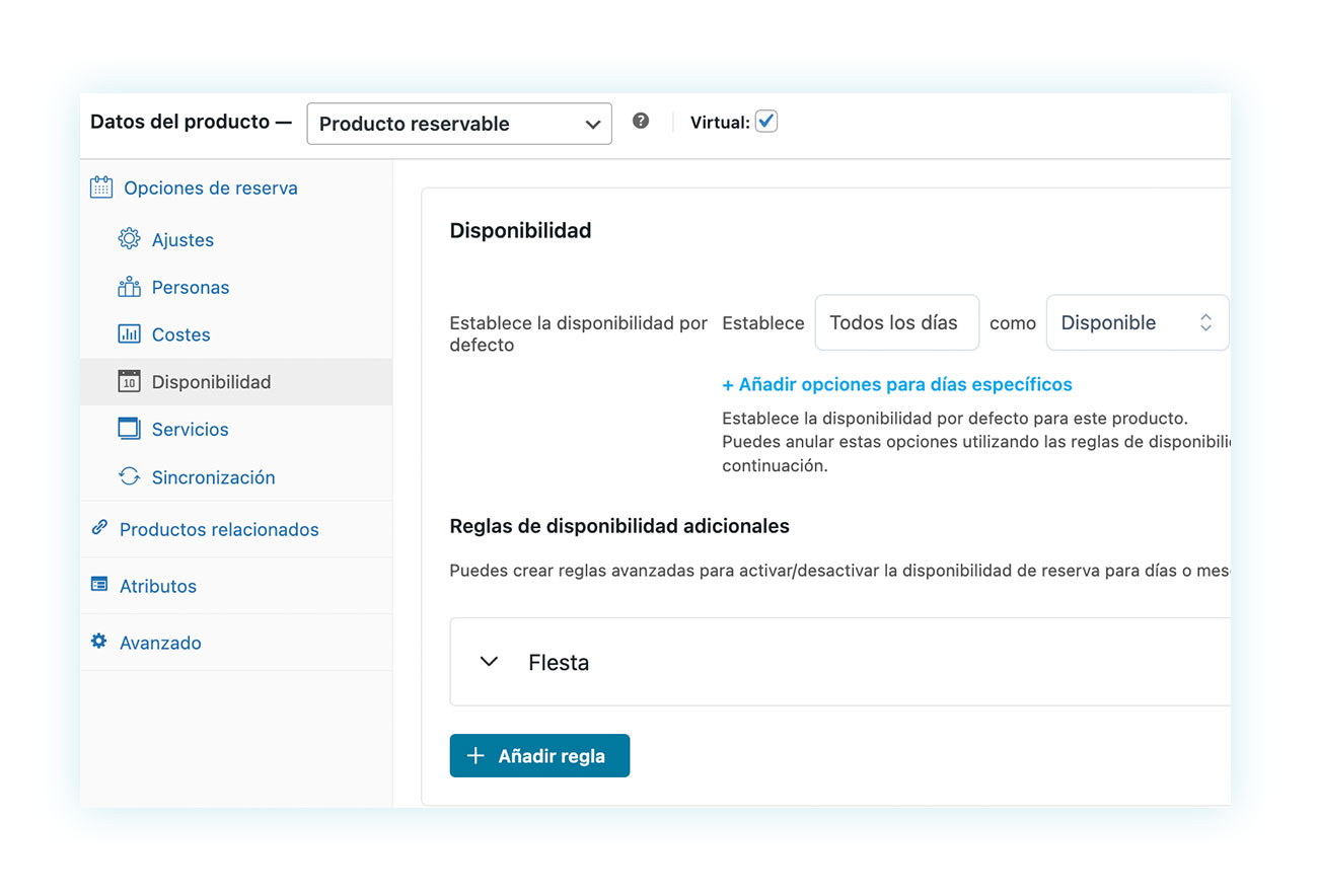 Ajustes de disponibilidad de producto tipo reservable