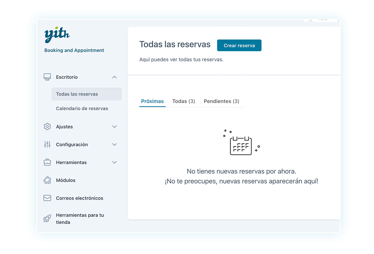 Pestaña con todas las reservas