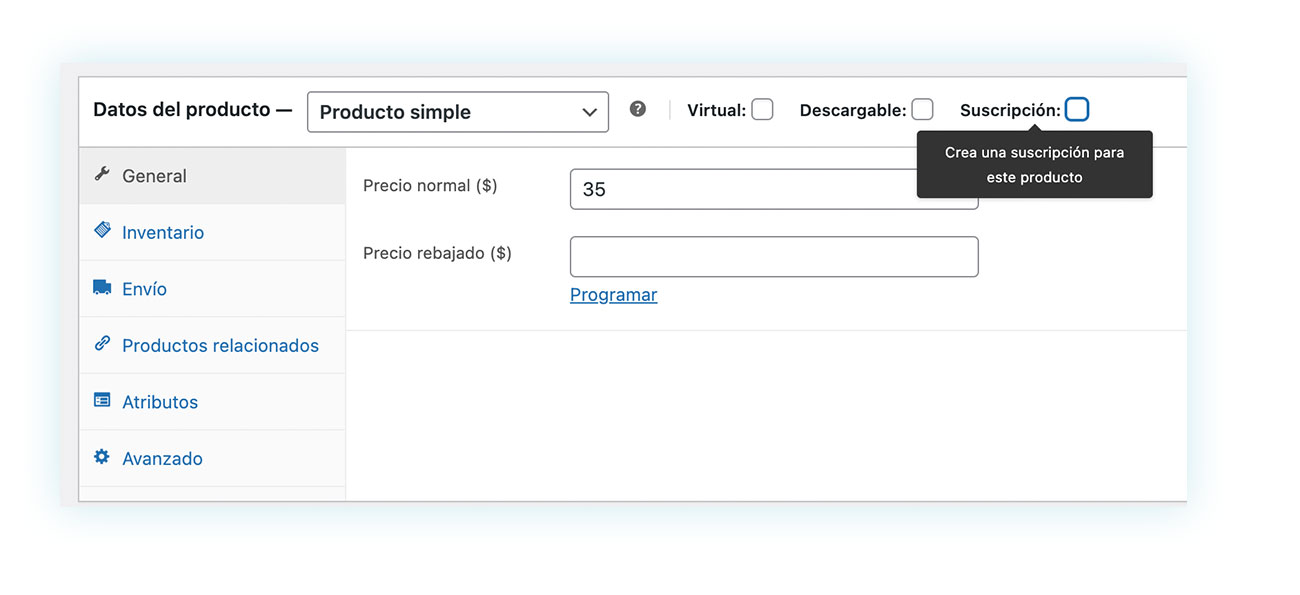 Casilla de suscripción en datos del producto