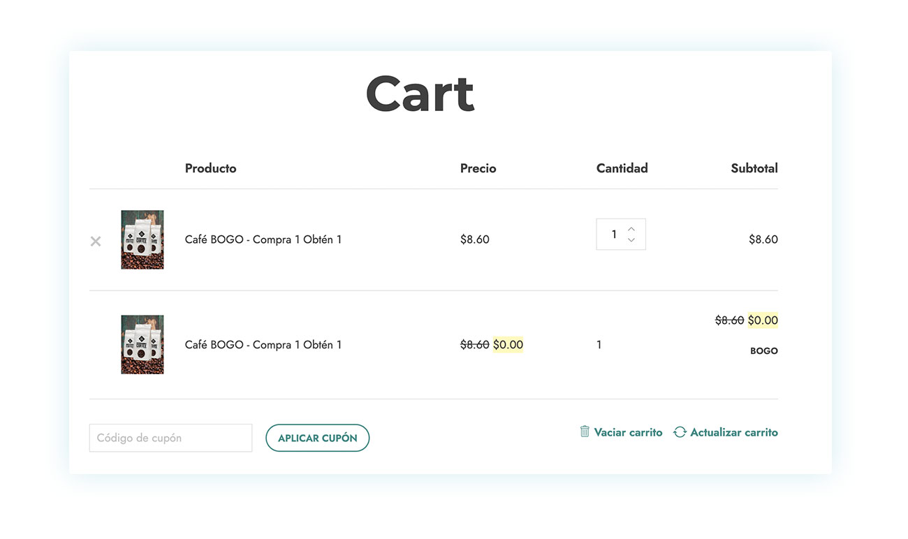 Carrito con dos productos por regla BOGO