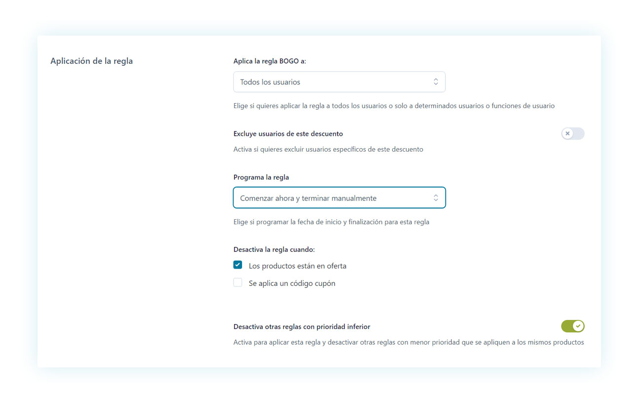 Ajustes sobre a quién aplicar la regla y opciones de programación