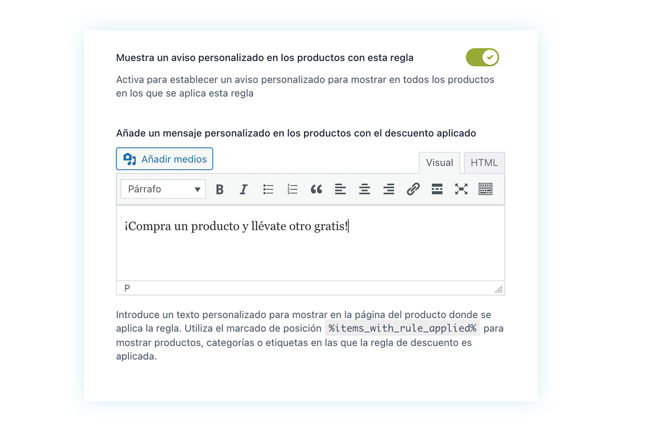 Aviso personalizado en los productos a los que se le aplica la regla BOGO