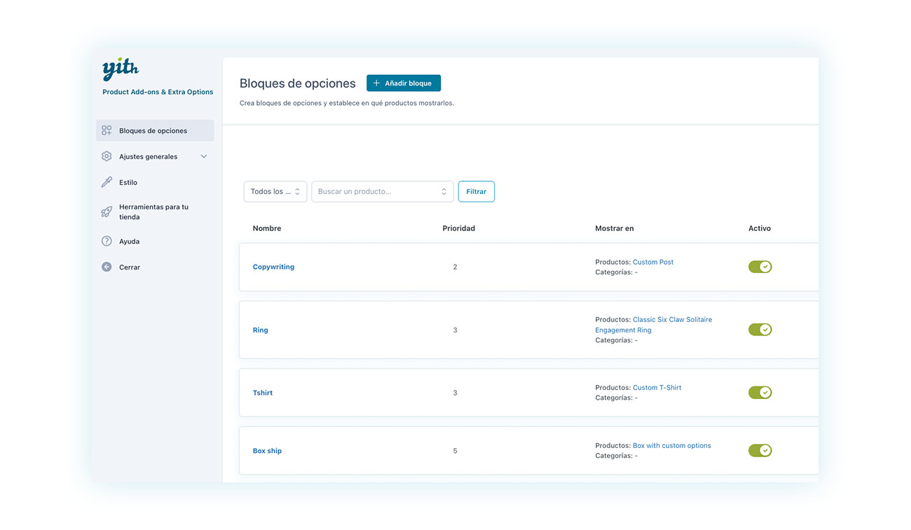 Bloque de opciones en Product Add-ons & Extra Options