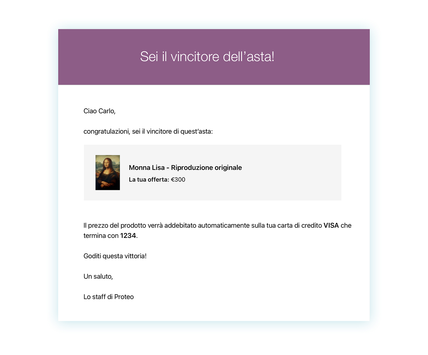 Email vincitore dell'asta