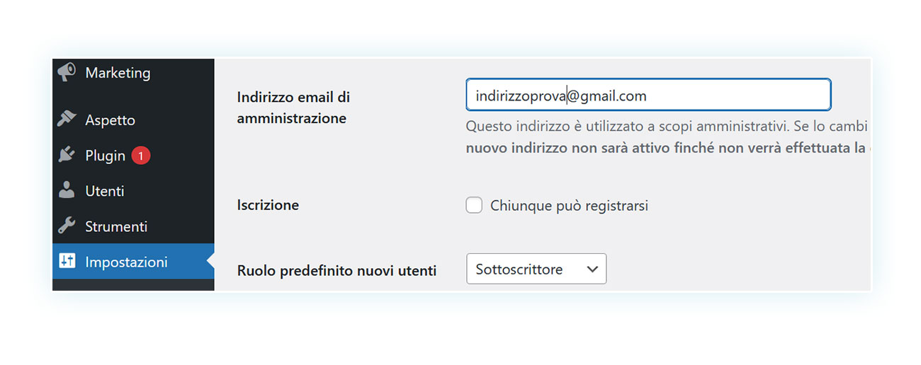Cambiamento dell'e-mail in WordPress