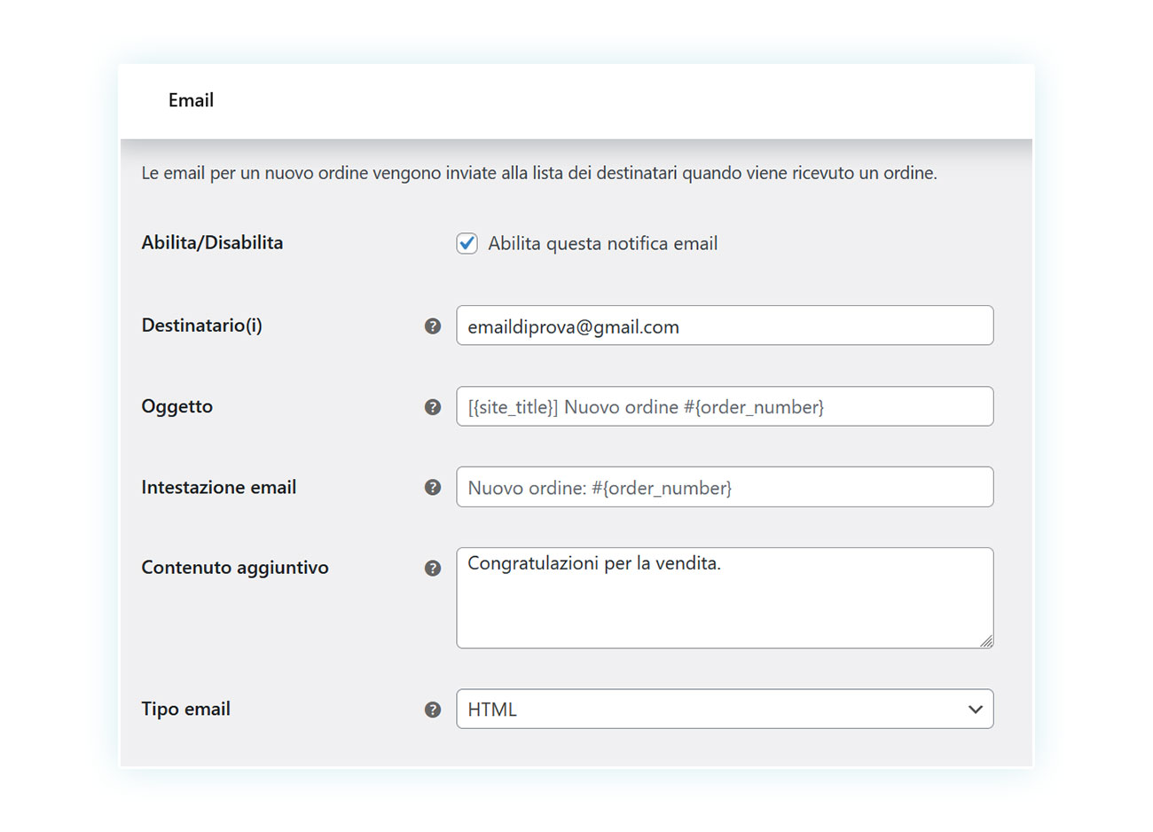 Impostazioni specifiche delle email di WooCommerce