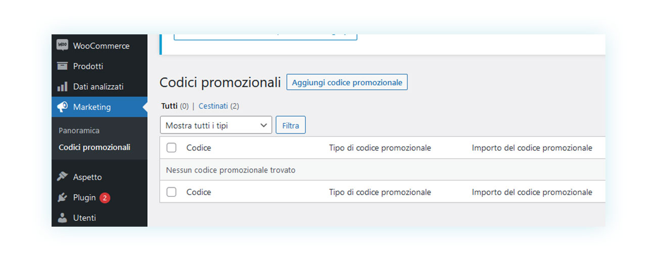 Nella sezione Marketing di WooCommerce puoi creare i codici sconto sui prezzi dei tuoi prodotti