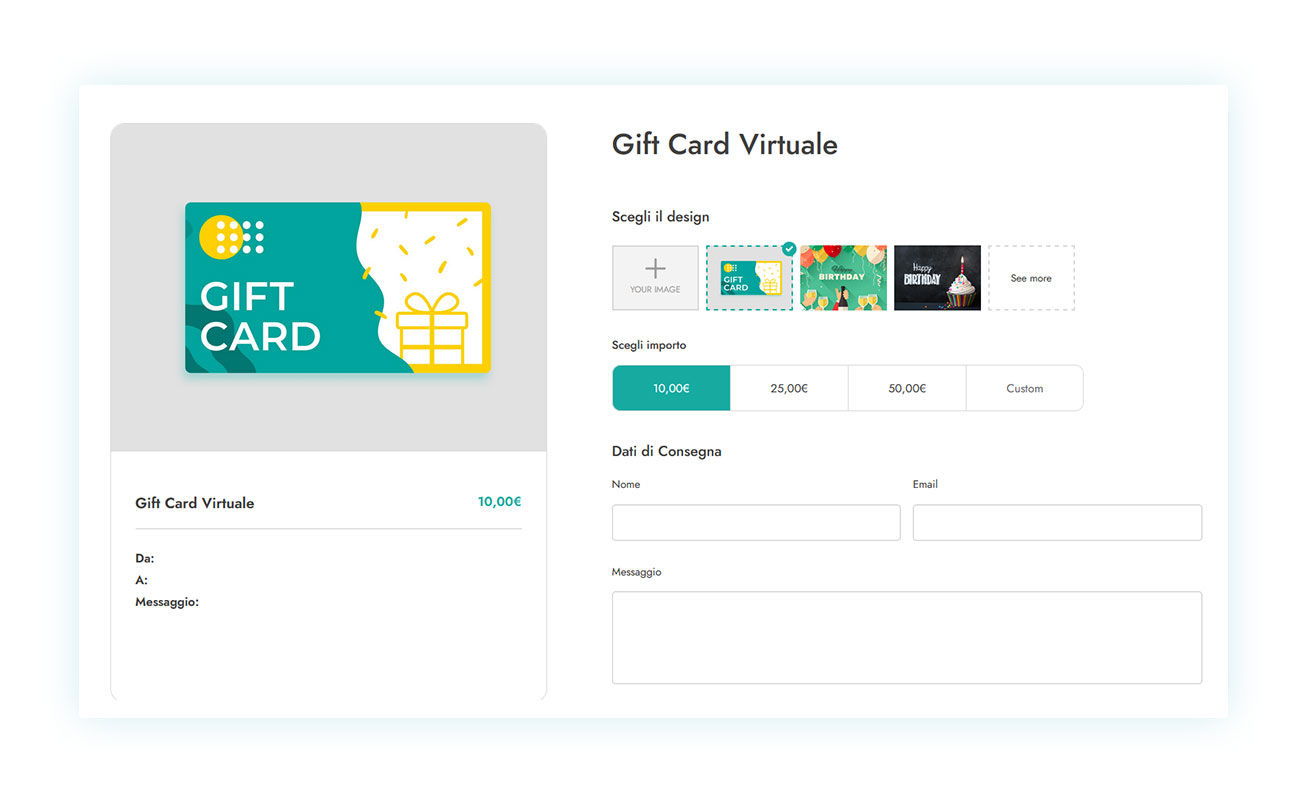 Carta Regalo personalizzabile in vendita su WooCommerce
