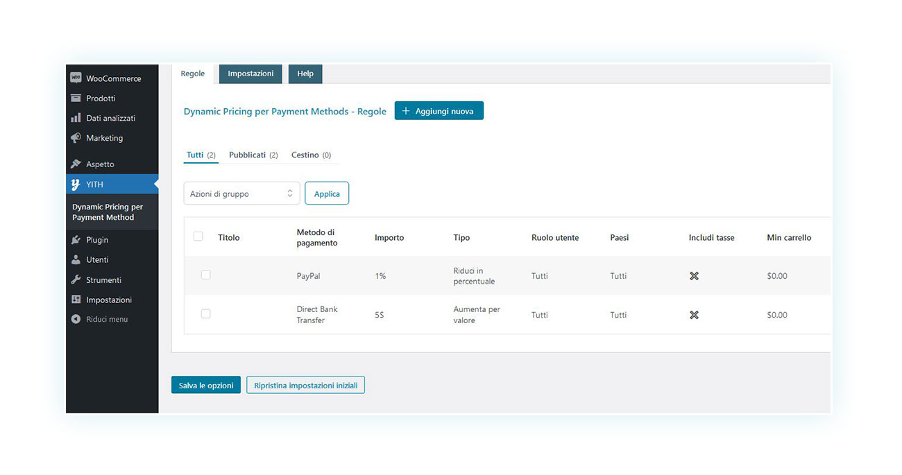 Costo aggiuntivo per metodo di pagamento