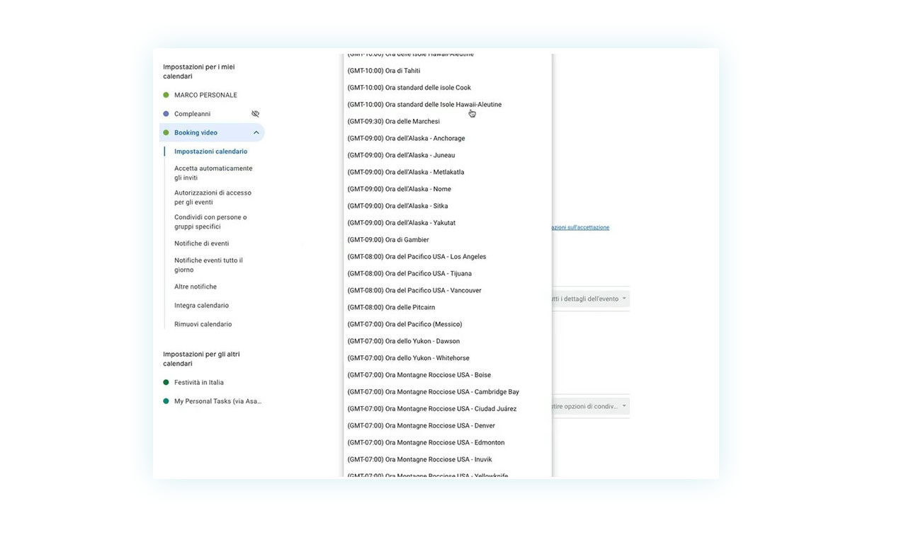 Scelta del fuso orario su Google Calendar