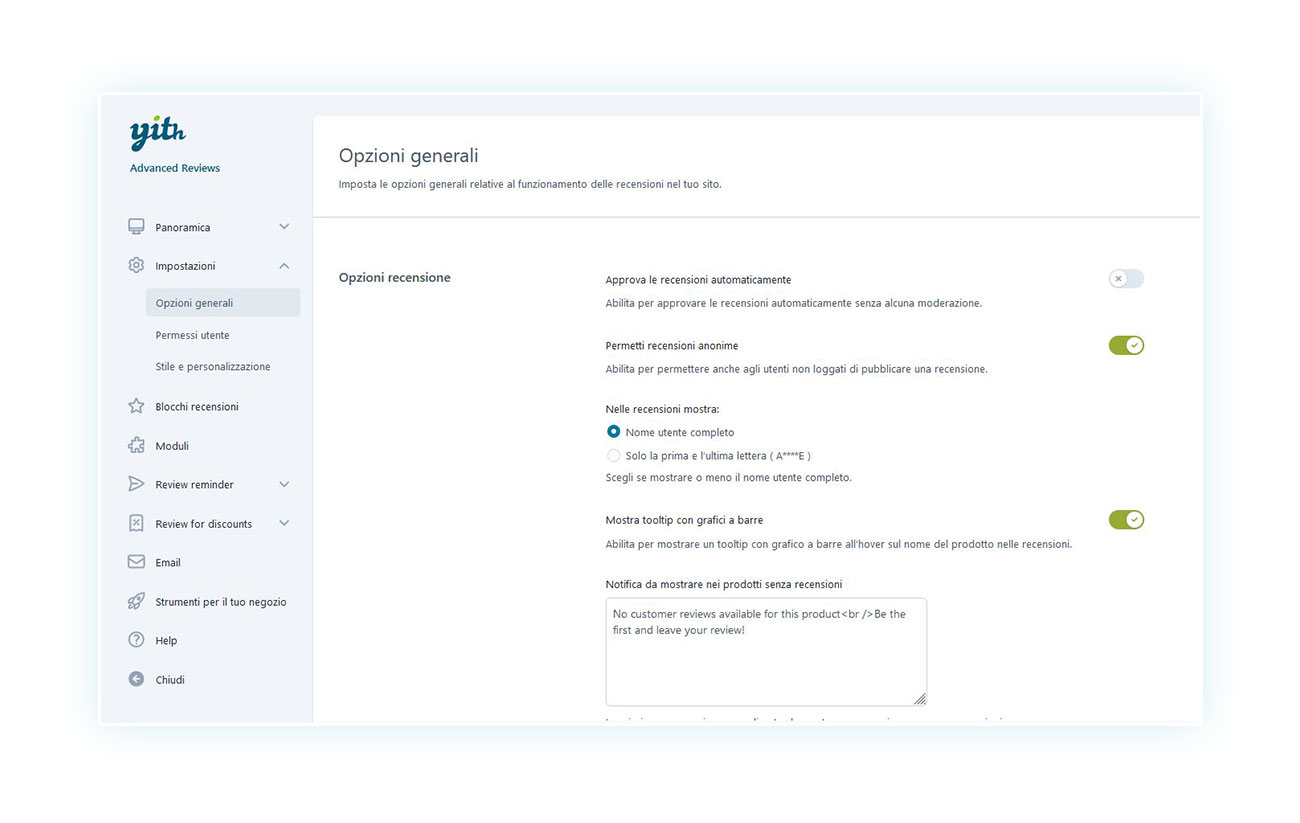 Opzioni generali del plugin