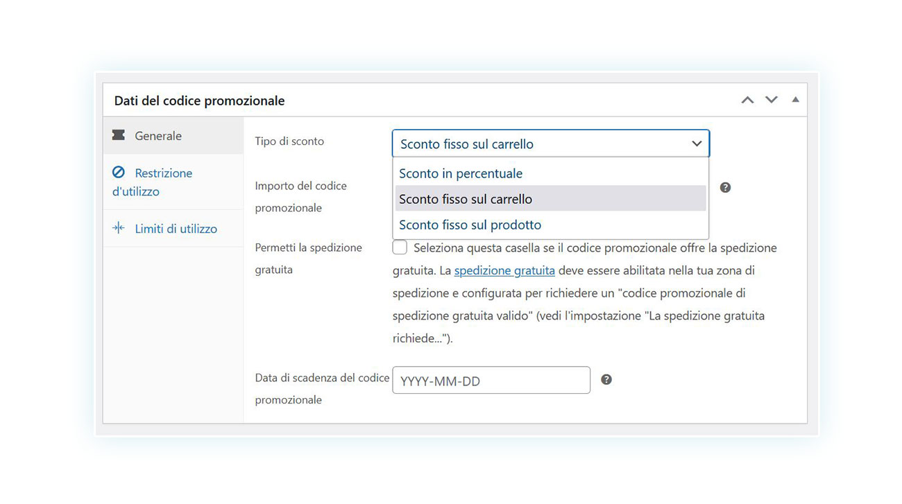 Pagina di creazione del codice promozionale