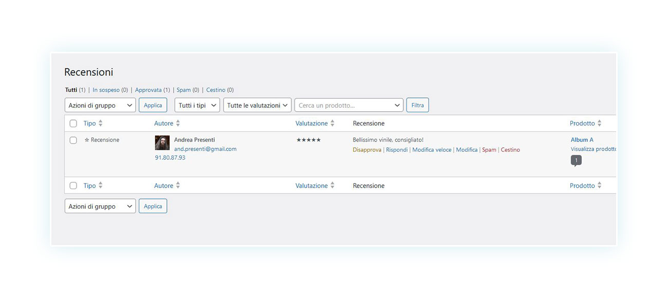 Visuale recensioni in backend