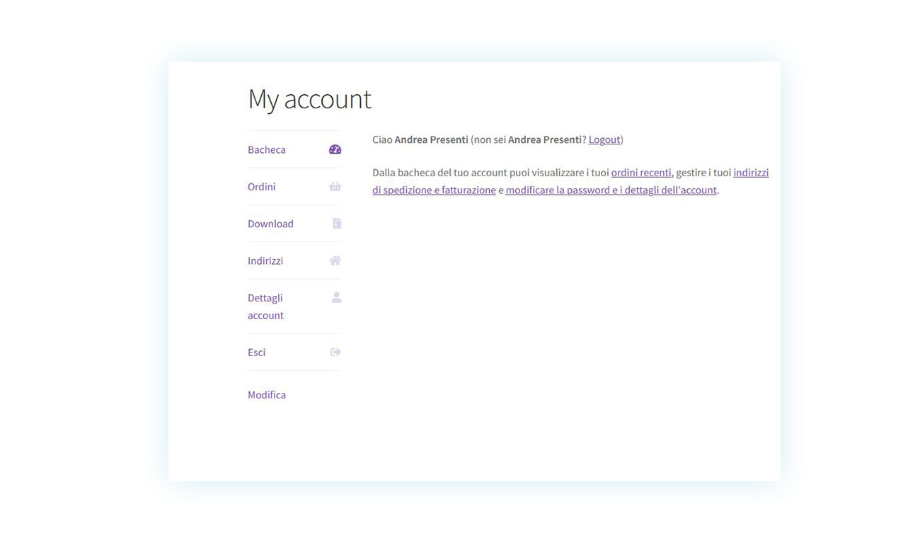 Pagina My Account di WooCommerce