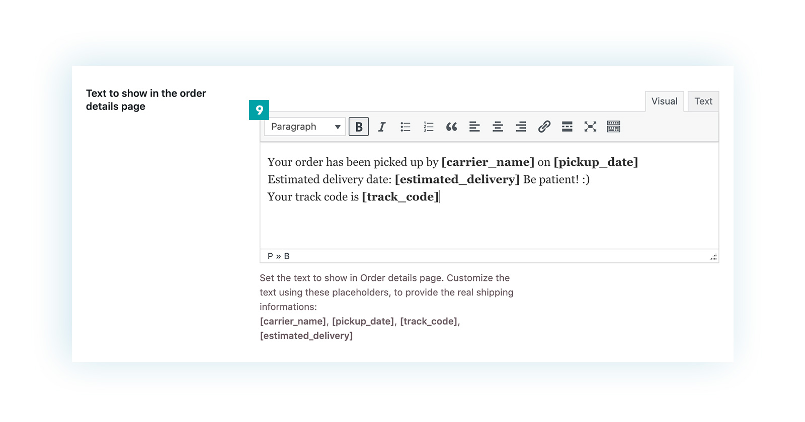 Custom text to show in the order details page
