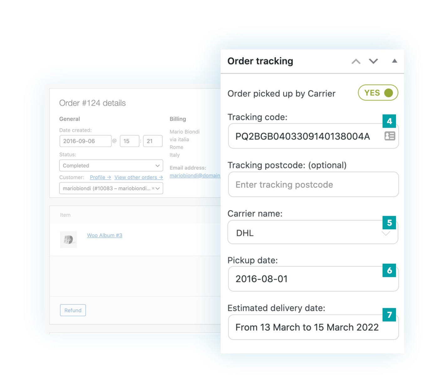 Enter tracking code, carrier name, pickup date and estimated delivery date