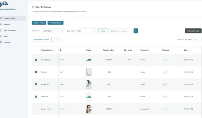 Products table