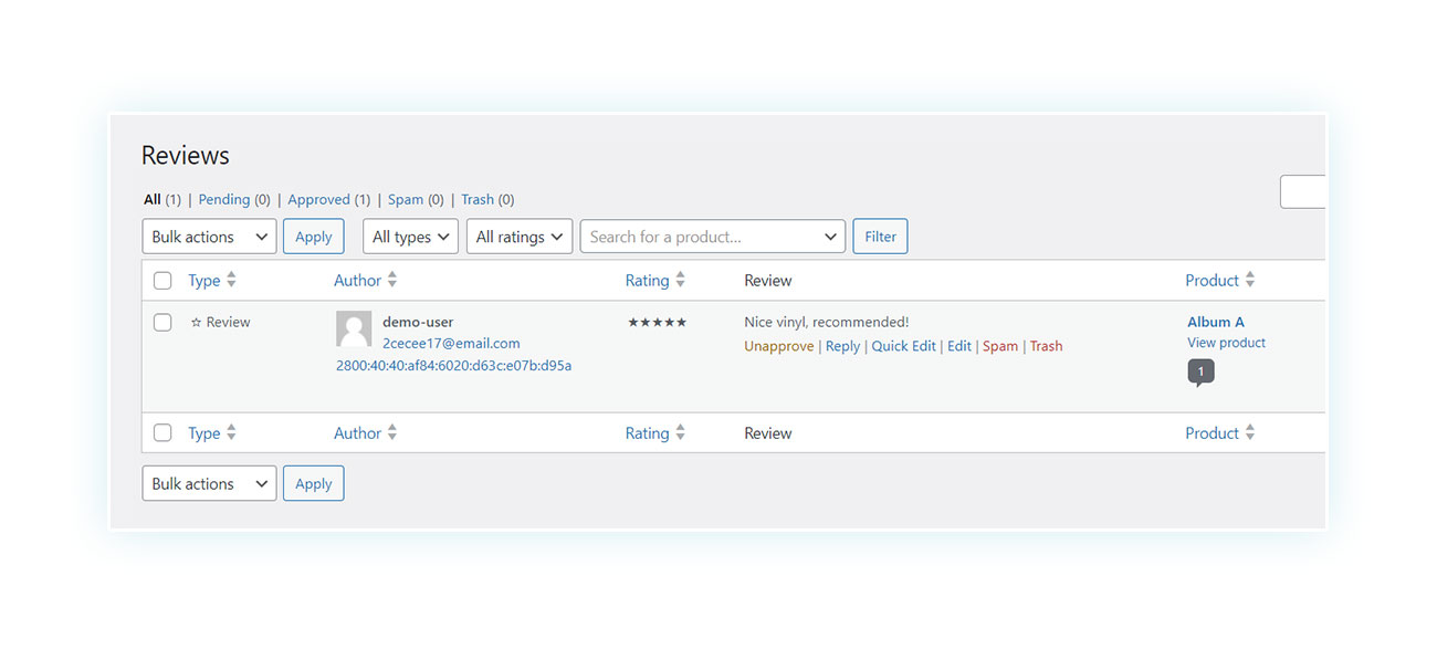 Reviews view in backend