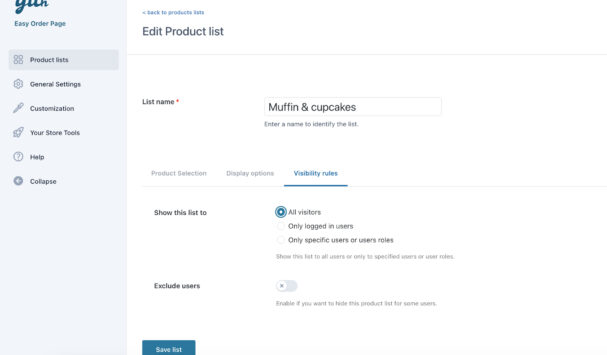 Product list configuration - Visibility rules